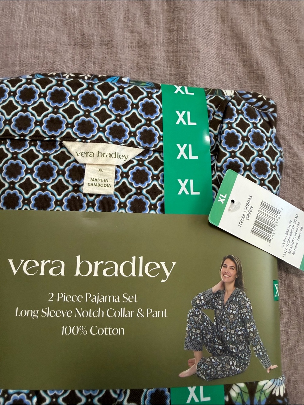 NWT Vera Bradley 2-Piece Pajama Set Blue Black Floral Size XL 100% Cotton Lounge - Picture 4 of 7